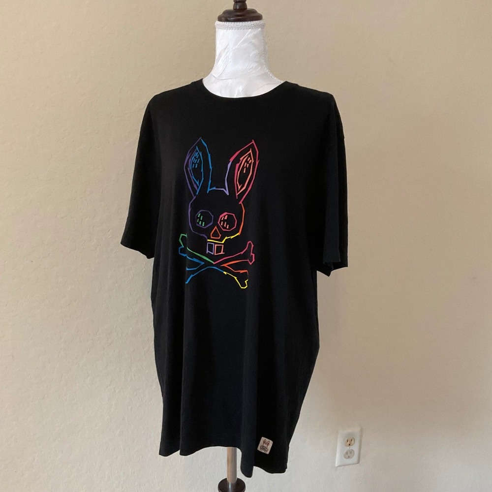 Psycho Bunny Mens 7 XL Black Neon Graphic T-Shirt Pima Cotton Short Sleeve